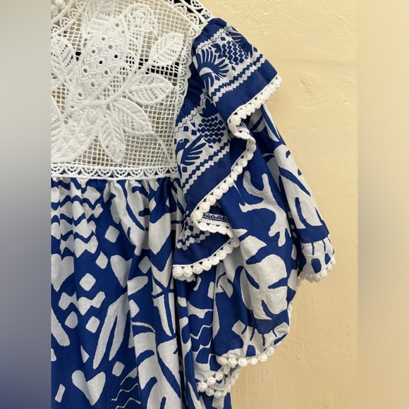 FARM RIO Navy Blue Jungle Scarf Lace Ruffle Sleeve Blouse - Picture 15 of 16